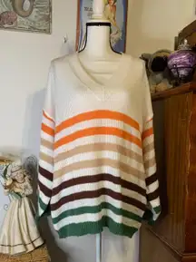 White Orange Green Brown Striped Sweater