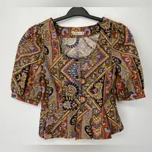 Vintage Cotton Blouse short‎ Sleeve, Scoop Neck Peplem waist Size Large