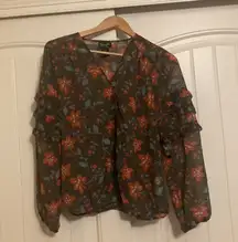 Wrangler Retro Brown Floral Print Blouse Small Sheer Long Sleeve NWT Bloomcore