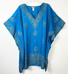 Step in Style Blue & Gold Paisley Floral Printed Kaftan Tunic Top One Size