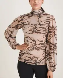 Chico's Tiger Print Mesh Top Drama Sleeves Neutral Size‎ Medium Chico's Size 1