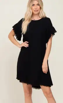 Umgee Linen Blend Shift Dress-Large-Fringe Trim-Pockets-Keyhole Back-Black-NEW