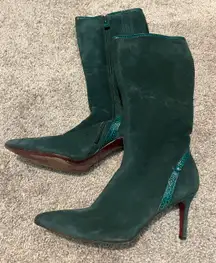 Green Suede Velvet Leather Pointed Toe Heels Boots Knee High Booties