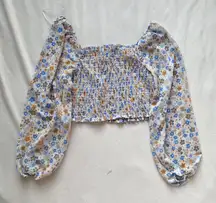 floral ruched smocked blouse puff sleeve long sleeve top