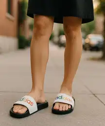 Adidas Adilette Size 6 White Rainbow Slides H02488 Flat Sandals Slippers Comfort