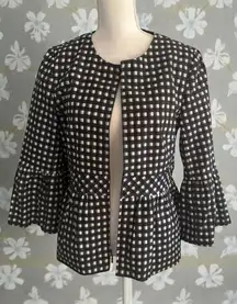 NANETTE LEPORE Black White Gibgham Plaid Peplum Blazer Jacket Size 14