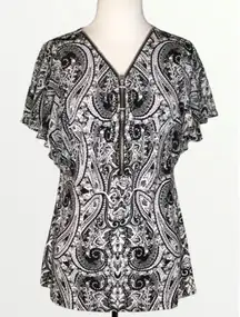 COCO BIANCO Black & White Paisley Zip Front Flutter Sleeve Top S