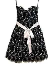 Jessica McClintock Gunne Sax Vintage Formal Dress Jrs 5/6 Lace Black Pink Bow