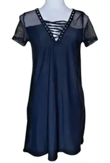 Derek Heart Women's Fishnet Tie V-Neck Short Sleeve Mini Dress Got Punk Sz Med