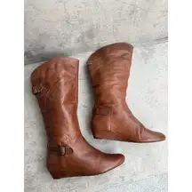 Cathy Jean Women’s 7 Brown Tan Leather Boots W/Buckle Riding 90s Y2K Below Knee