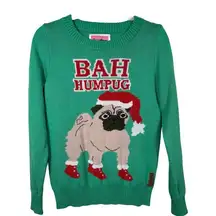 Tipsy Elves Bah Humpug Ugly Christmas Sweater Green, Small PUG DOG Funny