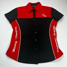 Harley Davidson Womens Size Medium Black‎ Red Short Sleeve Shirt Button Mechanic