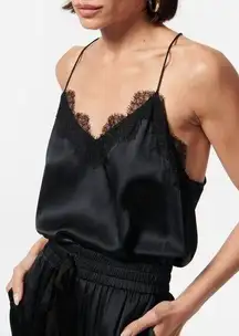 CAMI NYC The Racer Silk Charmeuse Cami Top Scallop Lace Trim Black Women's S