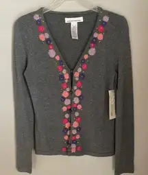 Jones New York Sport Gray Cardigan with Floral Embroidery