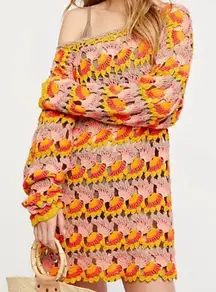 Free People Little Fan Crochet Striped Beach Cover Up Sweater M/L great conditio