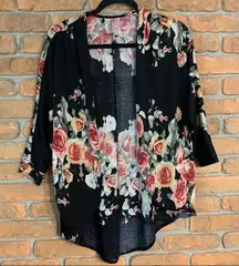 Mauve Floral Print Kimono Small Black Open Front‎ Lightweight Cover Up Cardigan