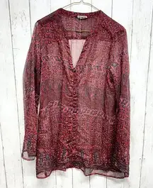 Converse Top Women Size Medium Red Geometric Sheer Long Sleeve Button Close