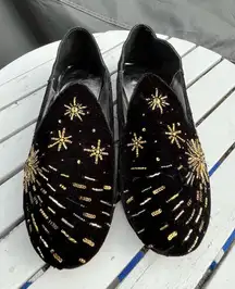 Sumaiya Merchant Women’s Black Velvet & Suede Beaded Celestial Loafers Size 37