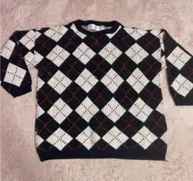 UNITED STATES SWEATERS BLACK/WHITE/RED ARGYLE ROUND NECK SWEATER SZ M Bin11
