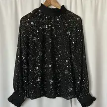 Cupshe NWT Black Silver Stars Ruffled Long Sleeve Blouse Shirt Top **Size S**