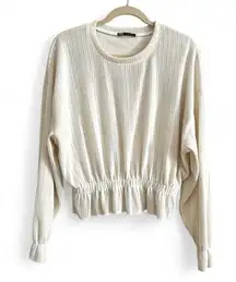 Zara Ribbed Ruffle Sweater Top Cinch Waist Long Sleeve Cream Size Medium