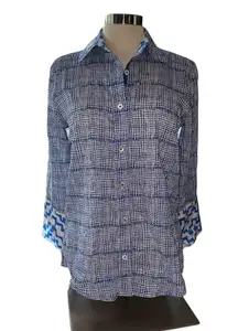 button down blouse 3/4 sleeve Rome style navy tattersall size small NWT