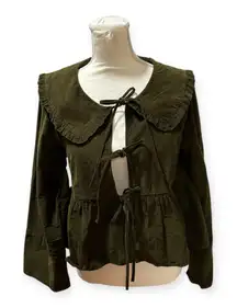 American Eagle Olive Corduroy Peplum Jacket Tie Front Ruffle Collar NWT M