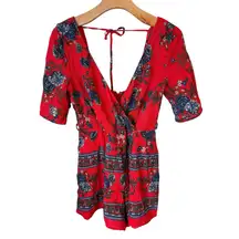 Trixxi Romper Womens Size S Red Blue Short Sleeve Scoop Neck Zip Back Outfit