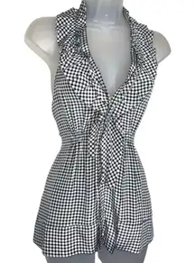 BCBG Sleeveless Halter V-Neck Ruffle Gingham Checkered Silk Top Black & White XS