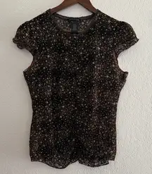 Kenneth Cole Floral Mesh Cap Sleeve Ruched Black Brown Blouse Womens Size Medium