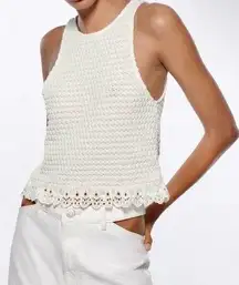 Zara knit crochet lace trim off white cream summer shirt