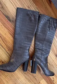 Lauren Ralph Lauren Croc-Embossed Over the Knee Boots in Dark Brown