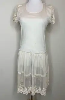 Mesh Sheer Beige Lace Tiered Ruffle Dress Sz Medium Cottagecore Fairy