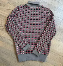 VTG Gino Paoli Italy 100% Wool Turtleneck Sweater Textured Red White Black Check