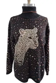 Vtg 90s  Cheetah Sweater by Basic Editions XL Brown Turtleneck Sweater Cat Lady