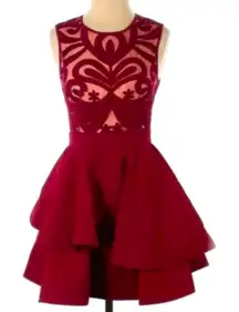 L’Atiste by Amy Red Embroidery Sheer Bust Tiered Skirt Dress‎