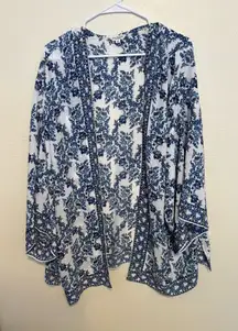 Max Studio London Blue White Floral Kimono Cardigan Open Front 2X Plus