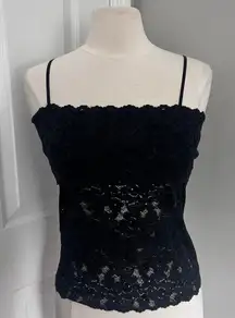 Y2K BLACK FEROCIOUS CHIK SQUARE‎ NECKLINE SHEER FLORAL LACE TANK TOP