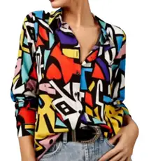 Big Dart Vintage Op Art Dopamine Colorblock Button Collared Blouse Shirt Top 8