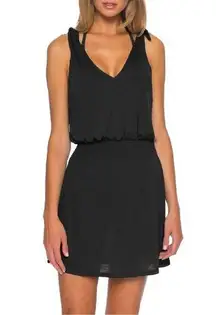 Becca Breezy Basics Black Tie Strap Smocked Waist Beach Coverup Mini Dress Sz L