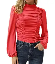 Mock Neck Long Sleeve Ruched Blouse Shirt, Pink, Size S, NWOT