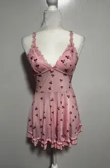 Pink Cherry Print Babydoll Lingerie Slip Dress Lace Trim Women's size Medium