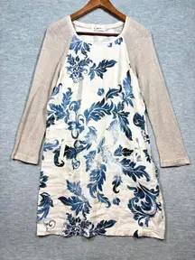 iLinen Dress S 100% Linen Floral Print Long Sleeve Tunic  Blue Floral Natural