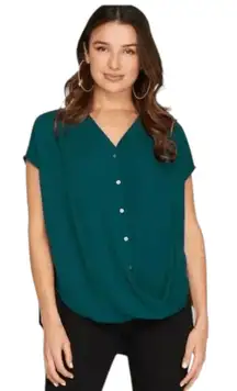 She + Sky Green High Low Draped Blouse Size Large Emerald Green Button-Up Top