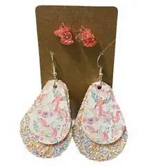 Women's Glitter Unicorn Earring Set Dangle And Studs Peach Set Vegan Leather