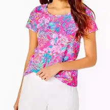 Lilly Pulitzer Etta V-Neck Top pink multicolored cotton fabric shell print L