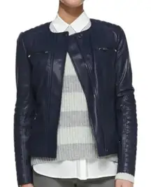 Vince Quilted Sleeve Lamb Leather Moto Jacket Front Zip Blue Size XS