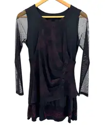 Gothic Whimsygoth Boho Mesh Layered Asymmetrical Tunic Top Black Red Lace M/L