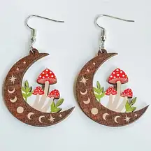 Moon‎ & mushrooms wooden drop dangle earrings