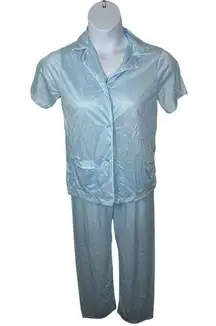 Sears Vintage Baby Blue Nylon 2 Piece Pajama Set Button Short Sleeve Top & Pants